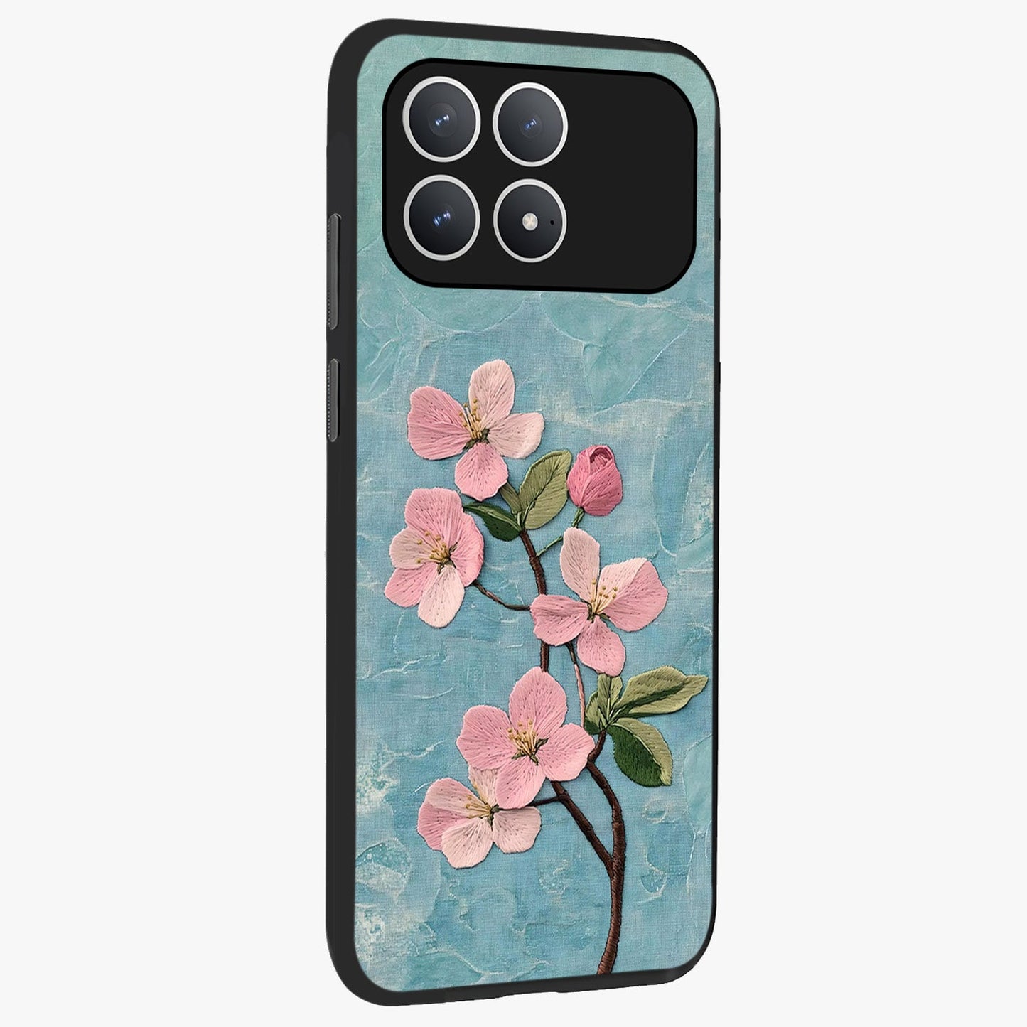 Threaded Blossom Breeze Glass Case upright view showcasing graceful flower artwork with calm botanical theme.