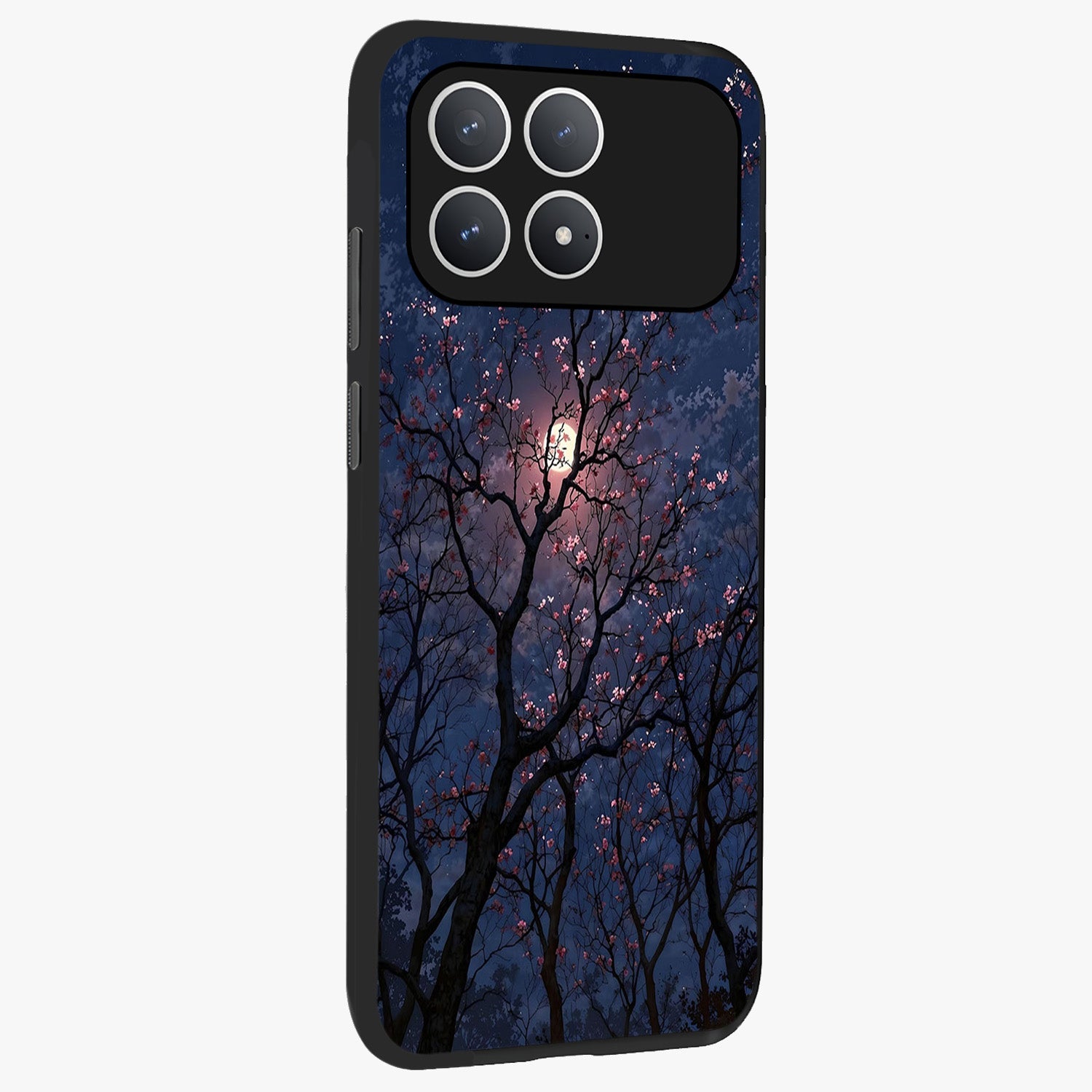 Twilight Sakura Serenade Glass Case upright view showcasing beautiful cherry blossom artwork with serene evening theme.
