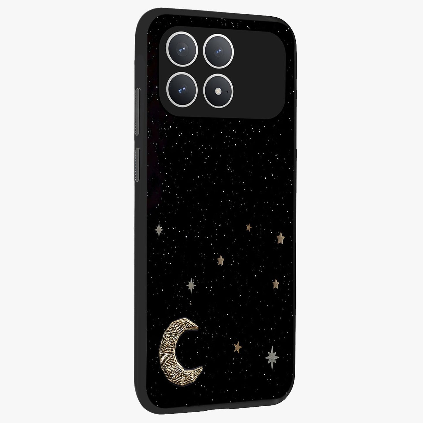 Twinkle Star With Half Moon Glass Case upright view showcasing glowing cosmic artwork with dreamy night theme.