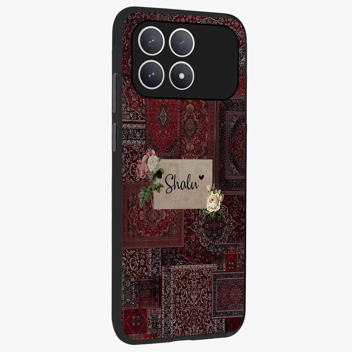 Velvet Wine Pattern Custom Name Glass Case upright view showcasing luxurious wine toned artwork with personalized aesthetic.