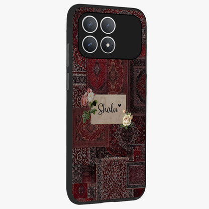 Velvet Wine Pattern Custom Name Glass Case upright view showcasing luxurious wine toned artwork with personalized aesthetic.