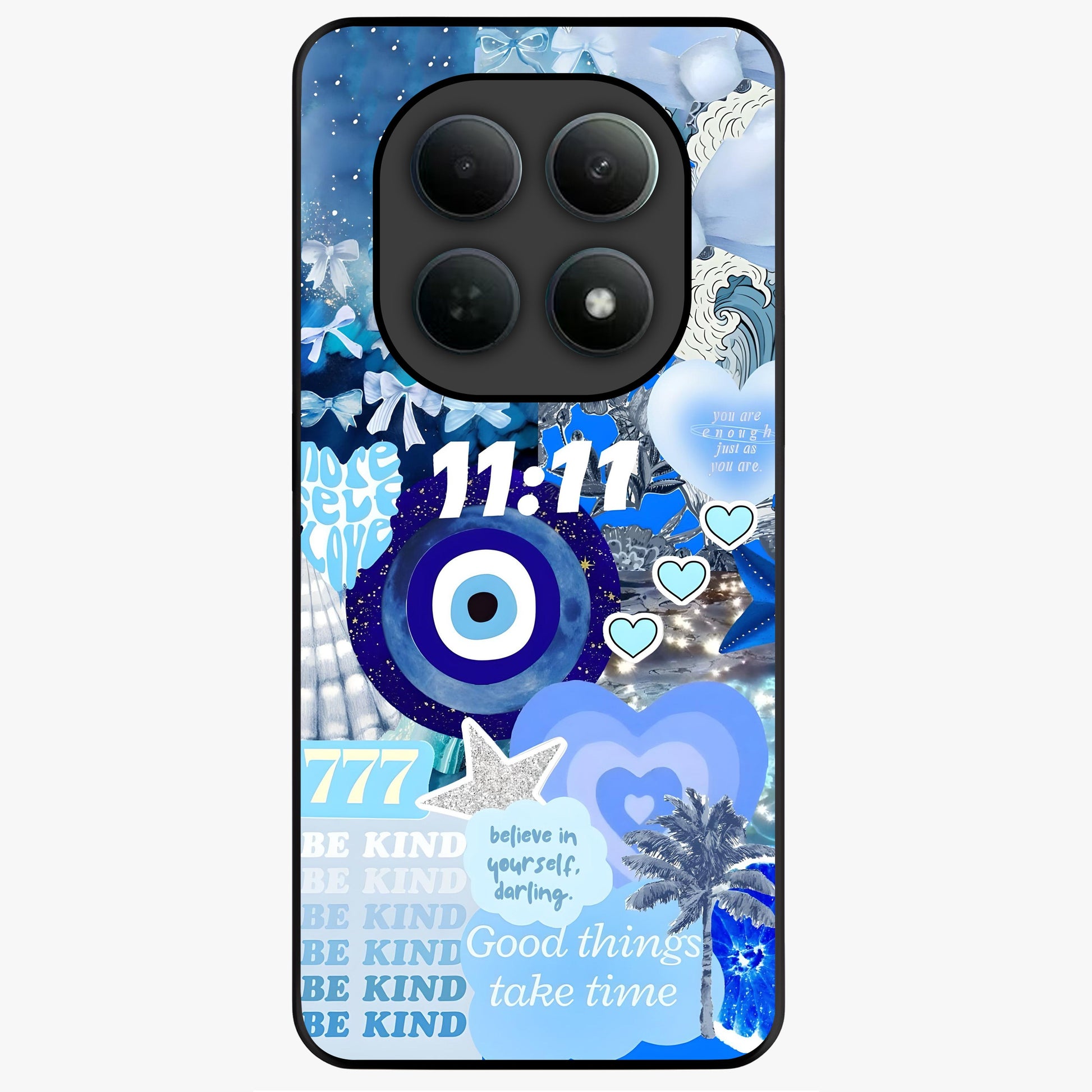 Aesthetic Be Kind Eye Glass Case showing flat back view with motivational eye artwork and glossy glass finish.