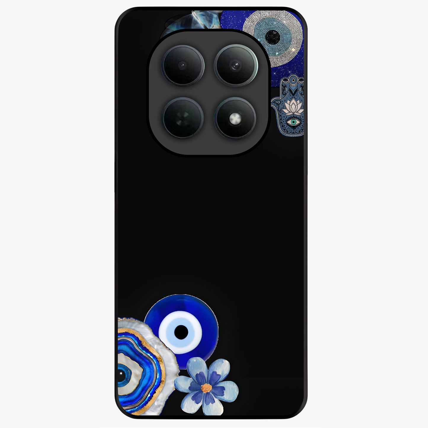 Aesthetic Blue Evil Eye Glass Case showing flat back view with protective evil eye artwork and glossy glass finish.