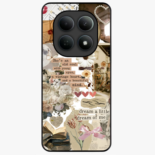 Aesthetic Brown Vintage Collage Glass Case showing flat back view with retro collage artwork and glossy glass finish.