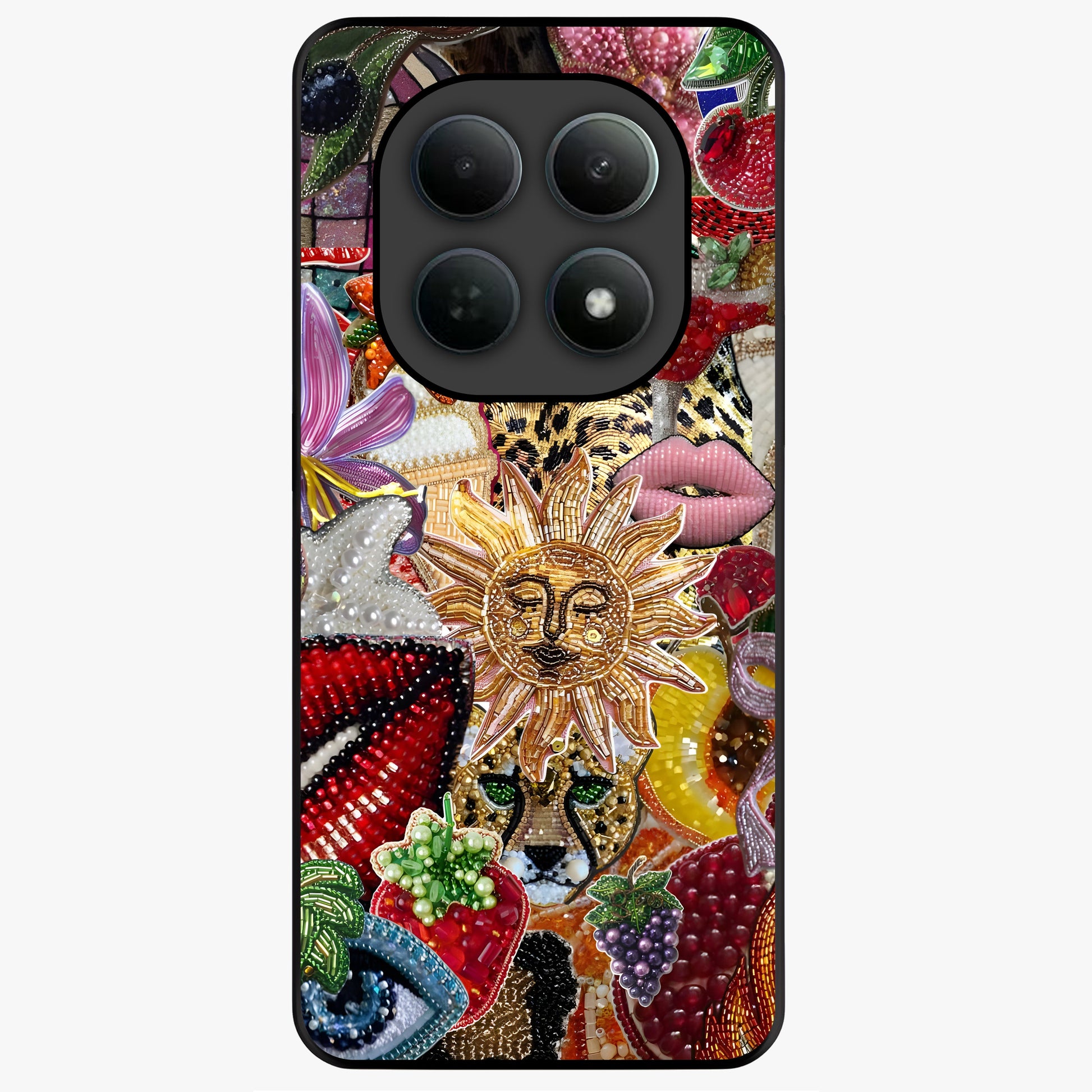 Beaded Fashion Jungle Glass Case showing flat back view with vibrant jungle inspired bead artwork and glossy glass finish.
