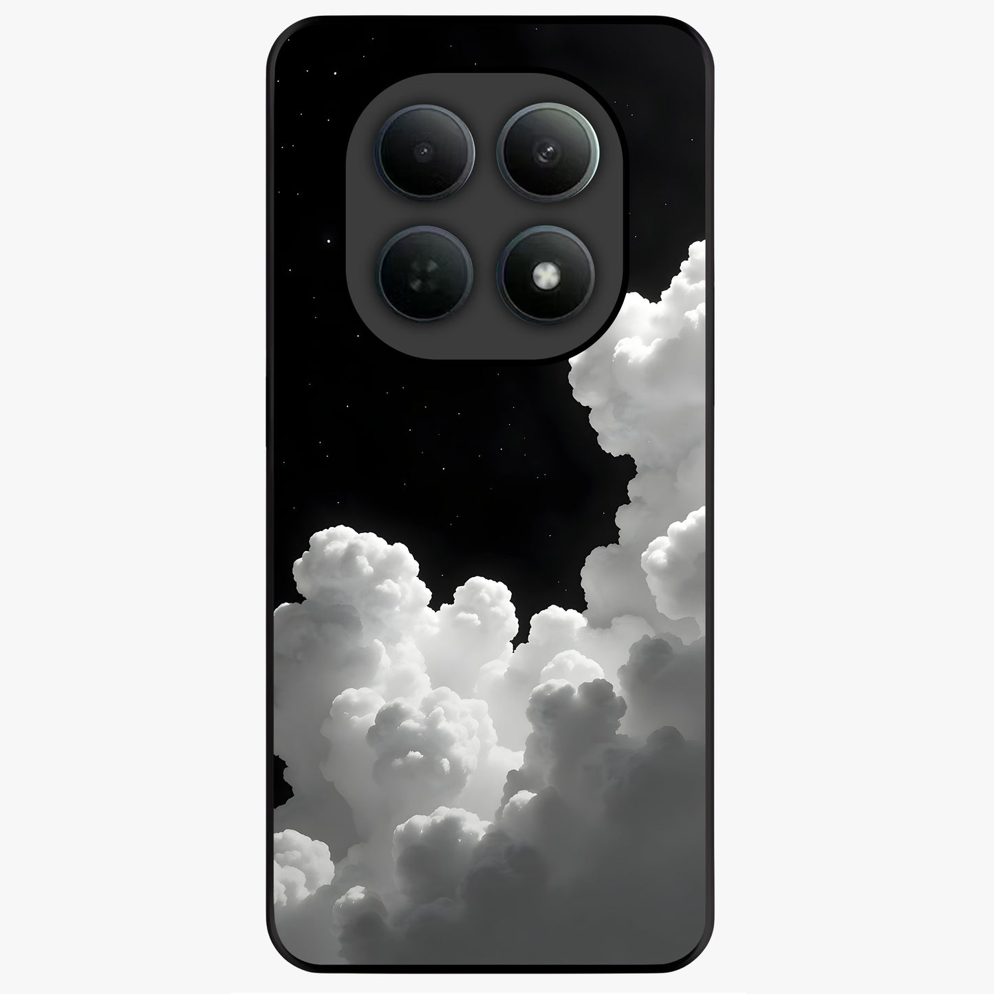 Black Background With White Cloud Glass Case showing flat back view with minimal cloud artwork on dark background and glossy glass finish.