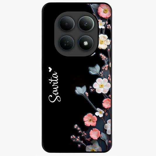 Black Elegance Floral Custom Name Glass Case showing flat back view with elegant floral artwork and personalized name design.