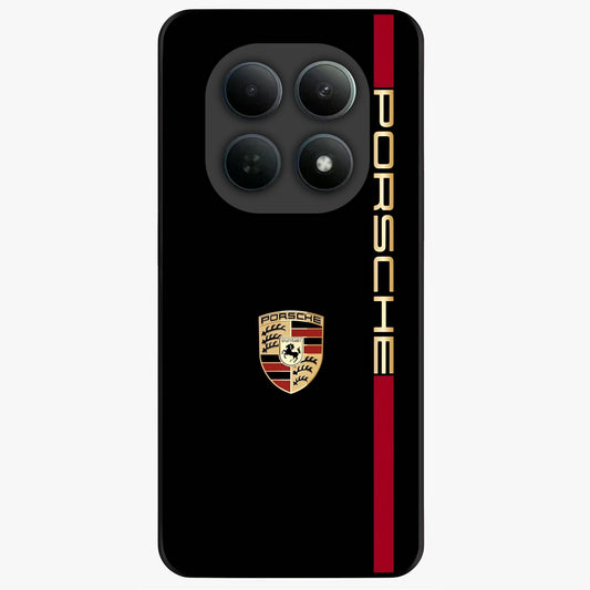 Black Minimal Porsche Glass Case showing flat back view with sleek minimal sports car artwork and glossy glass finish.