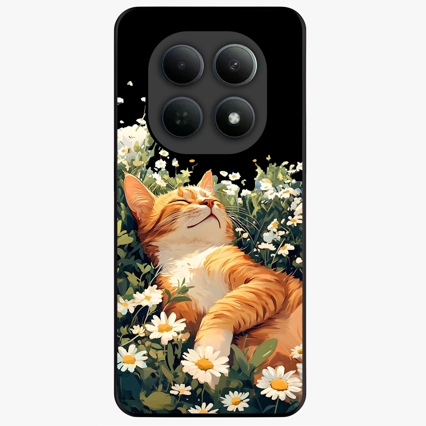 Blissful Bloom Cat Glass Case showing flat back view with cute cat and floral bloom artwork and glossy glass finish.
