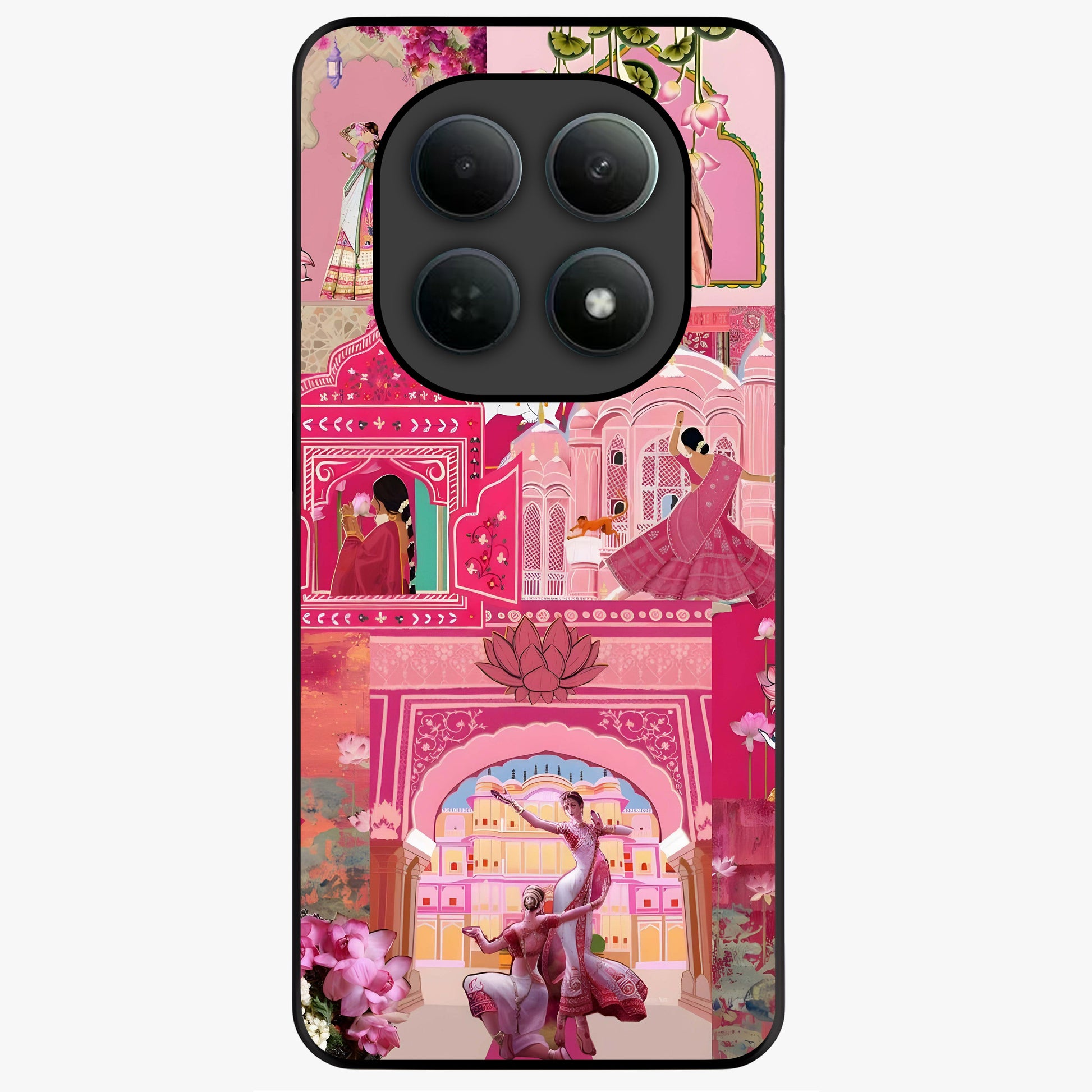 Blossoms of Rajasthan Glass Case showing flat back view with traditional floral artwork inspired by Rajasthan and glossy glass finish.