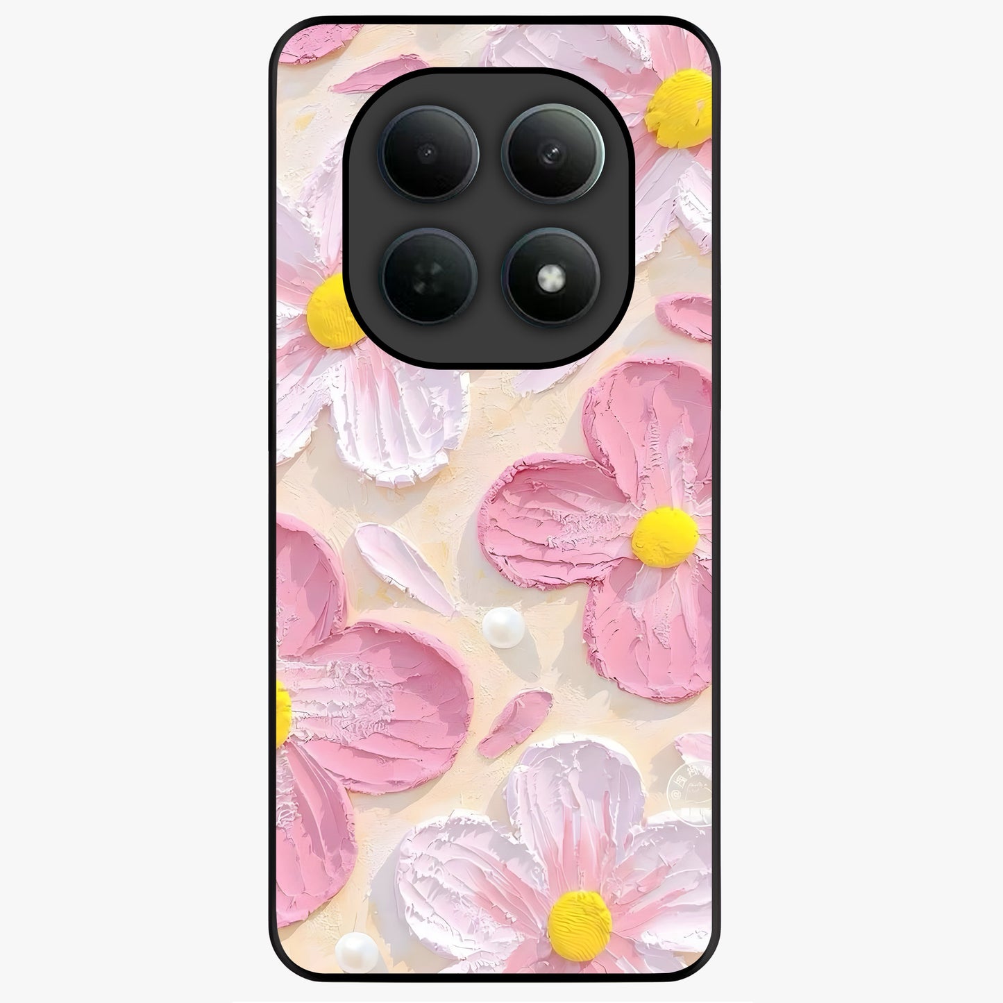 Blush Bloom Texture Glass Case showing flat back view with soft blush floral texture artwork and glossy glass finish.