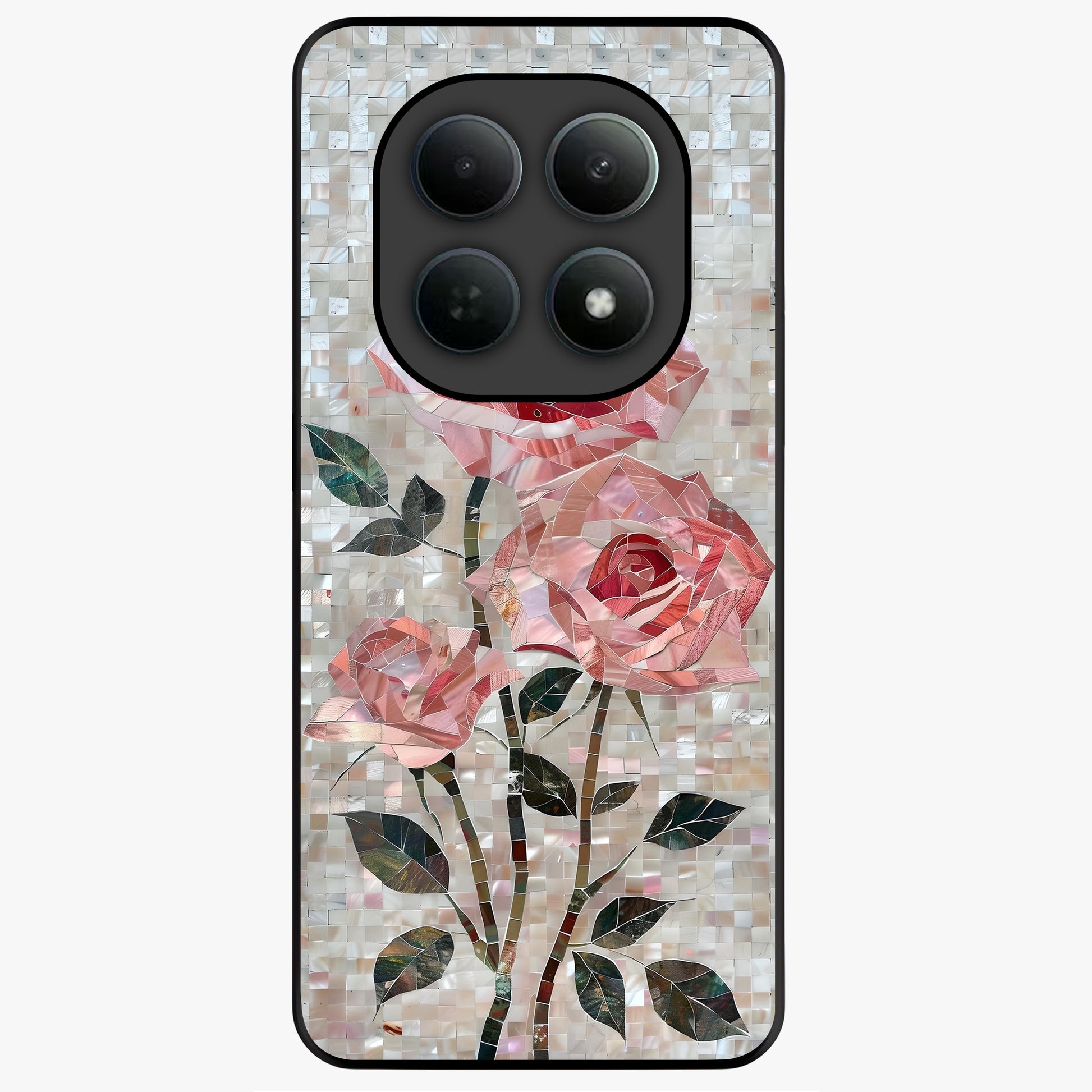 Blush Mosaic Bloom Glass Case showing flat back view with mosaic floral bloom artwork and glossy glass finish.
