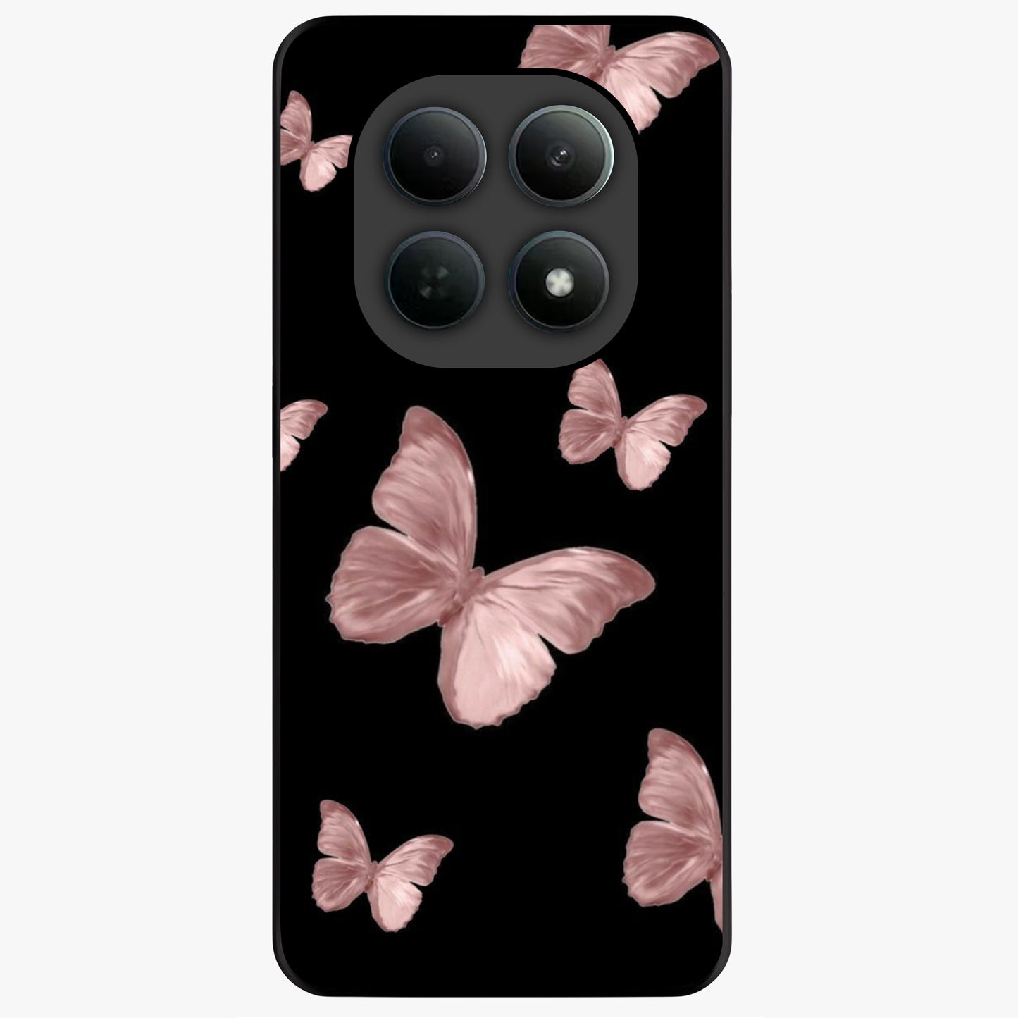 Butterfly Pattern Glass Case showing flat back view with elegant butterfly pattern artwork and glossy glass finish.