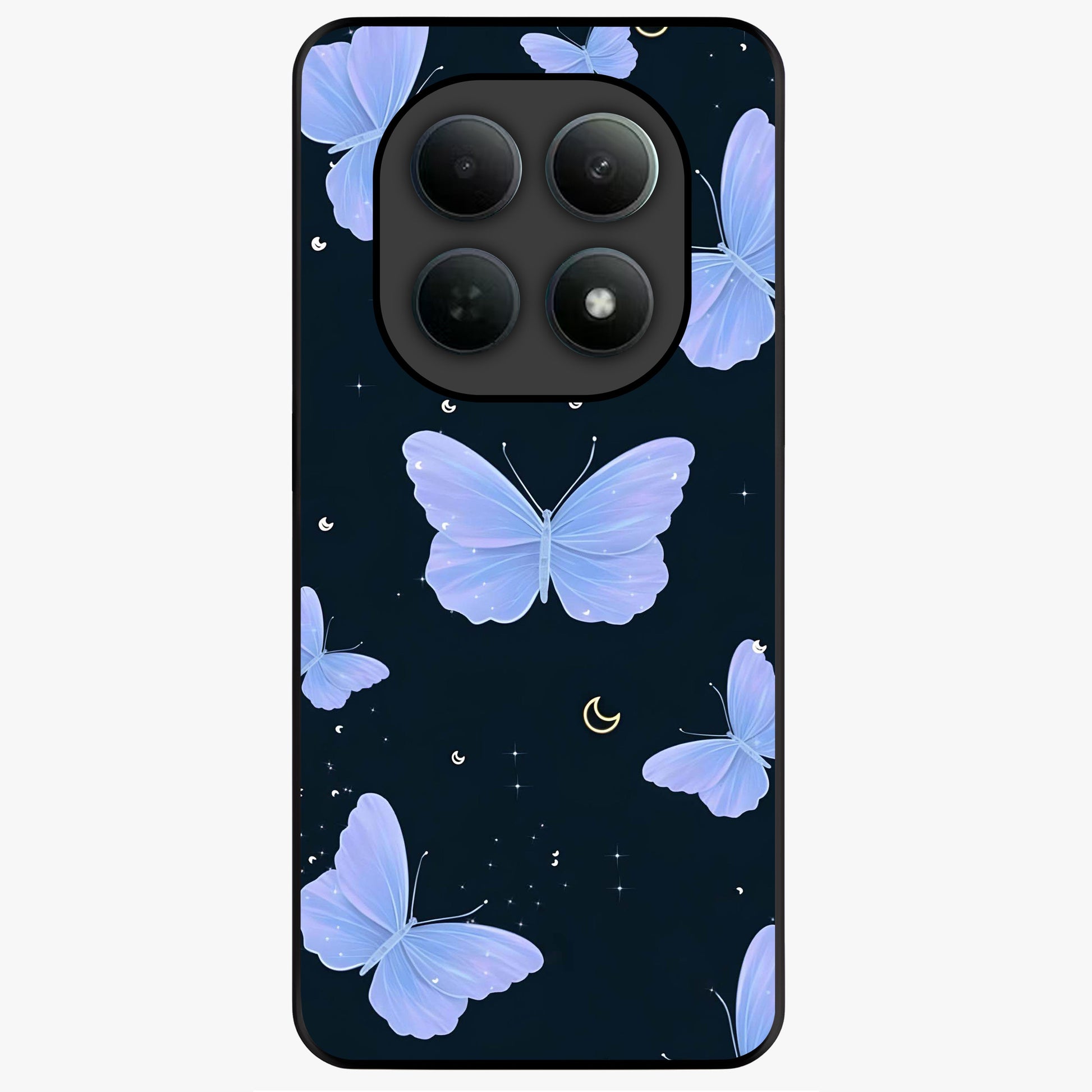 Butterfly With Stars Pattern Glass Case showing flat back view with butterfly and star pattern artwork and glossy glass finish.