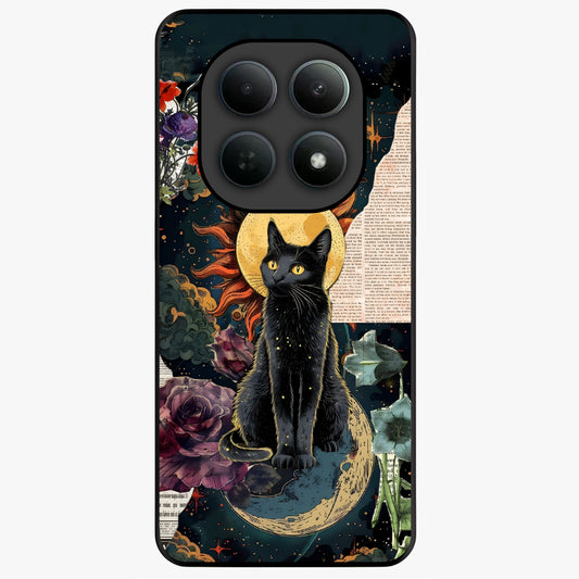 Celestial Black Cat Glass Case showing flat back view with mystical black cat artwork and glossy glass finish.