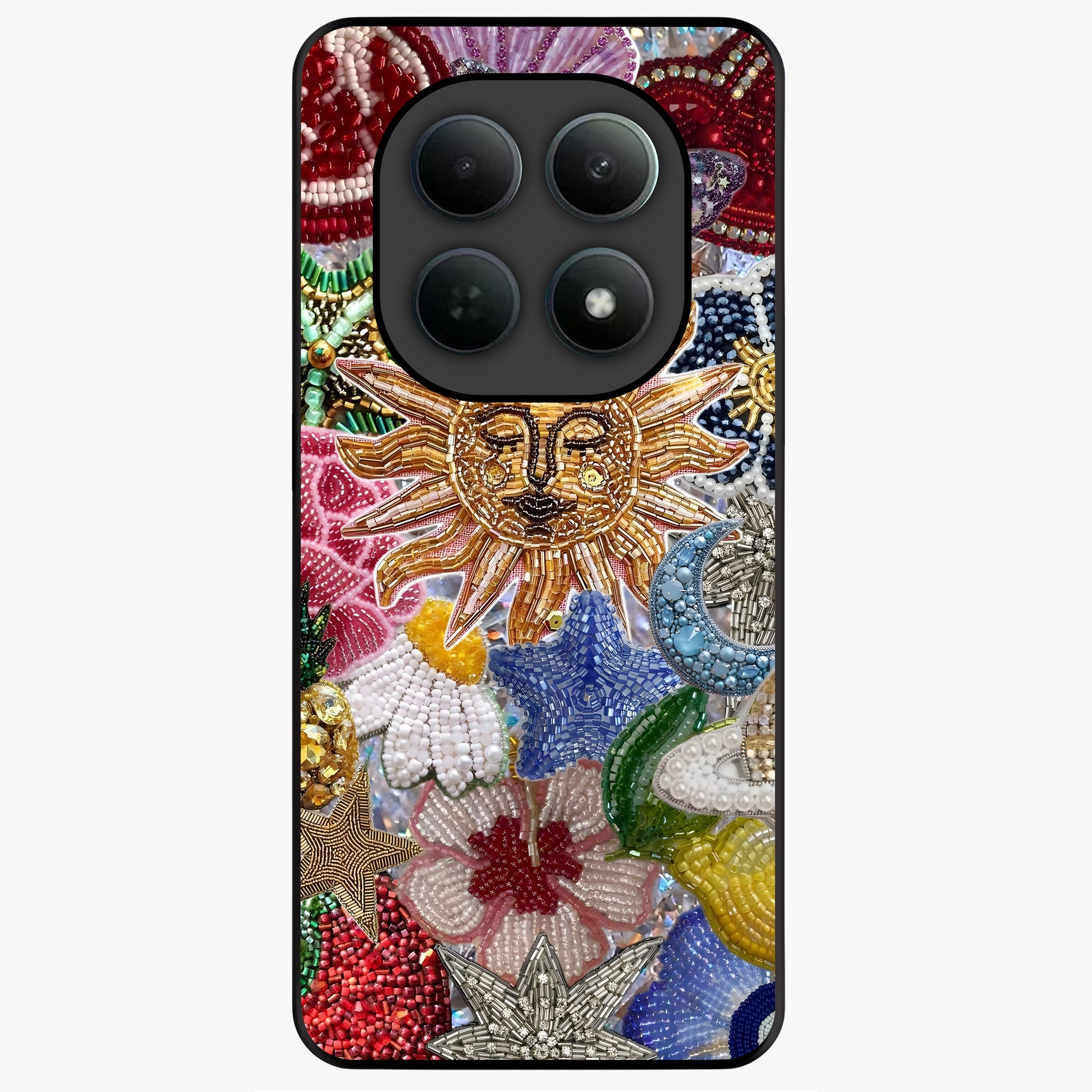 Celestial Floral and Playful Glass Case showing flat back view with floral and celestial themed artwork and glossy glass finish.