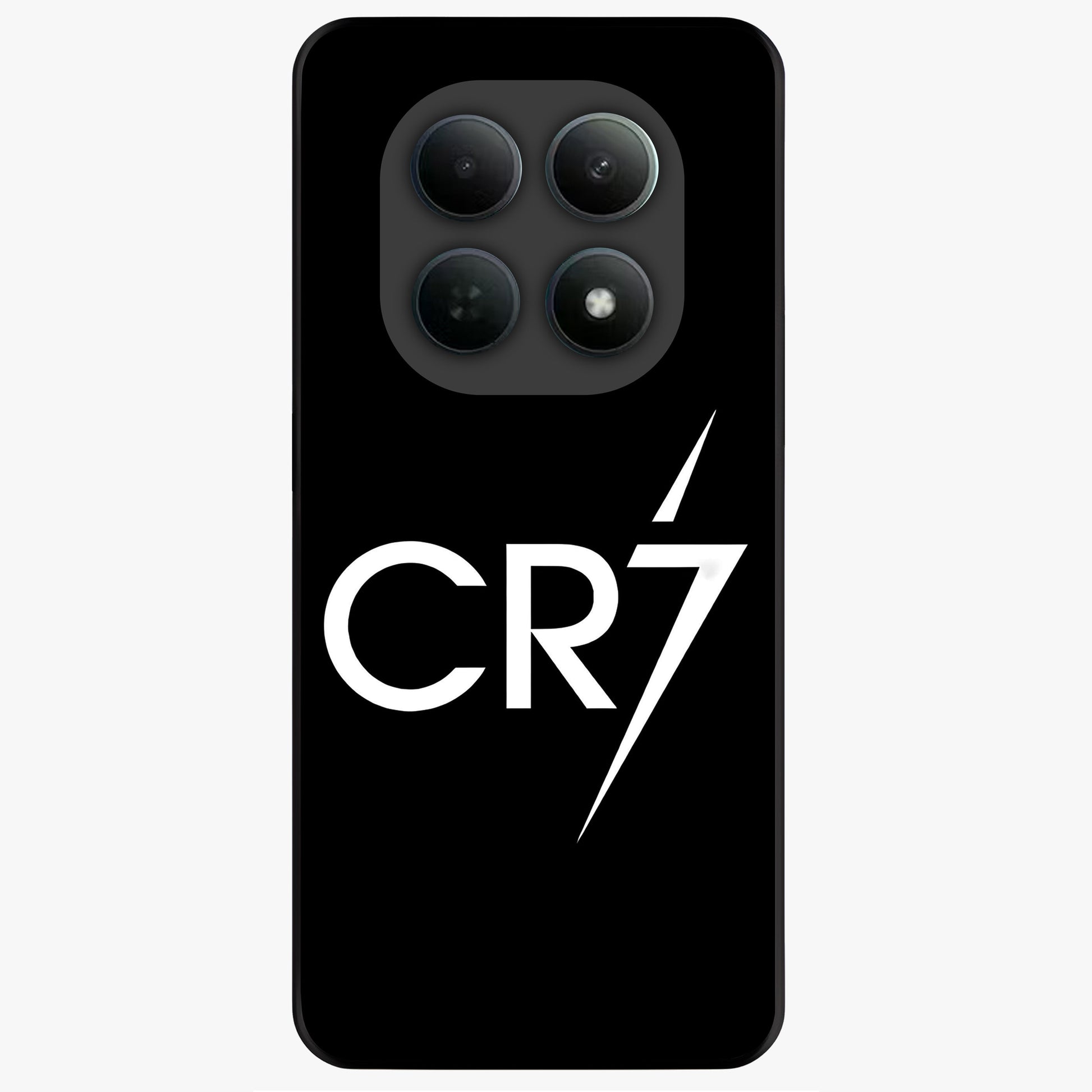 Cr7 Elite Strike Glass Case showing flat back view with dynamic football inspired artwork and glossy glass finish.