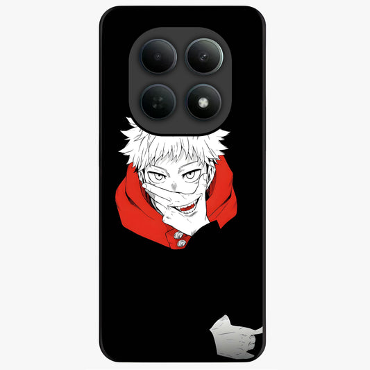 Crimson Chaos Smile Glass Case showing flat back view with bold chaotic smile artwork and glossy glass finish.