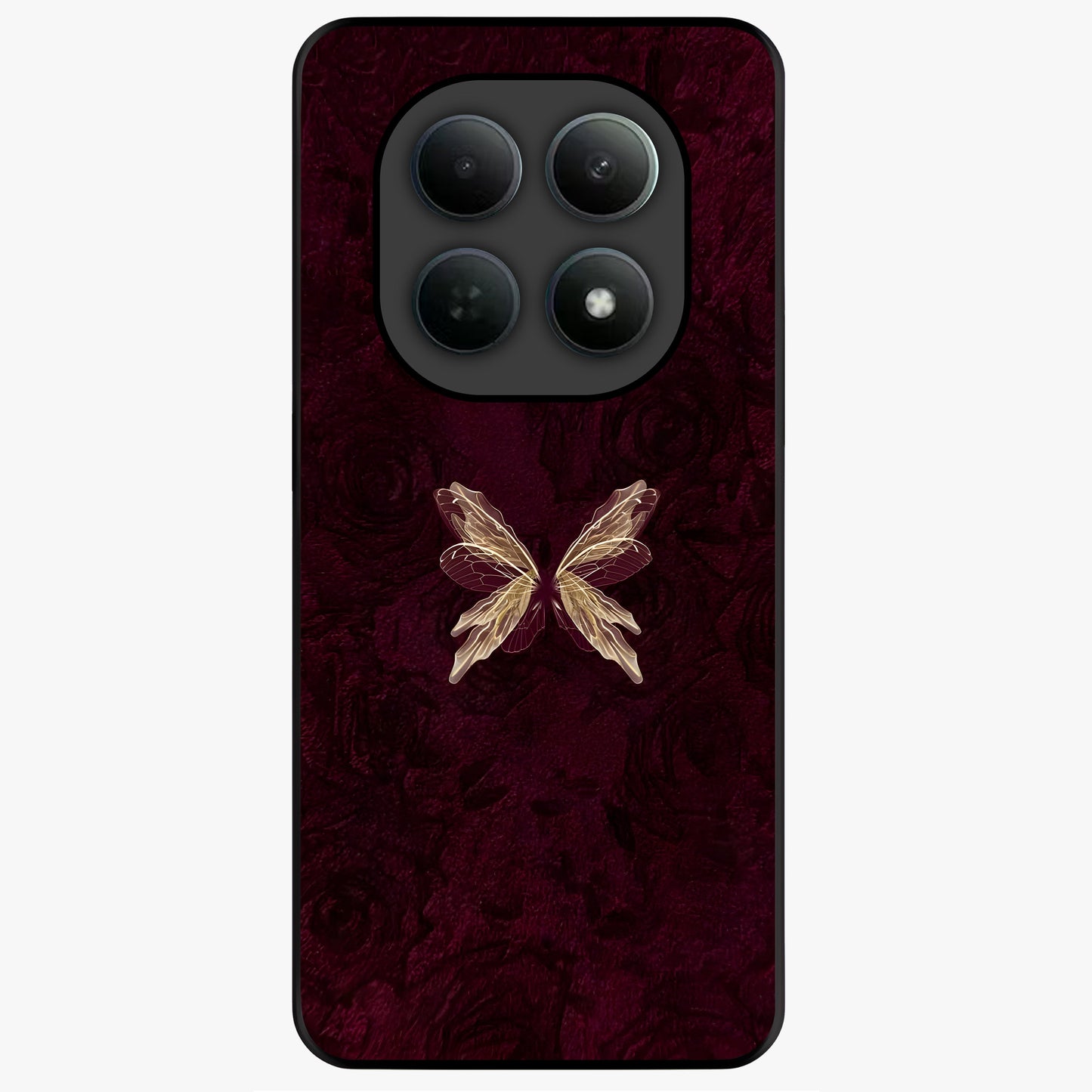 Crimson Fade Butterfly Glass Case showing flat back view with fading butterfly artwork and glossy glass finish.