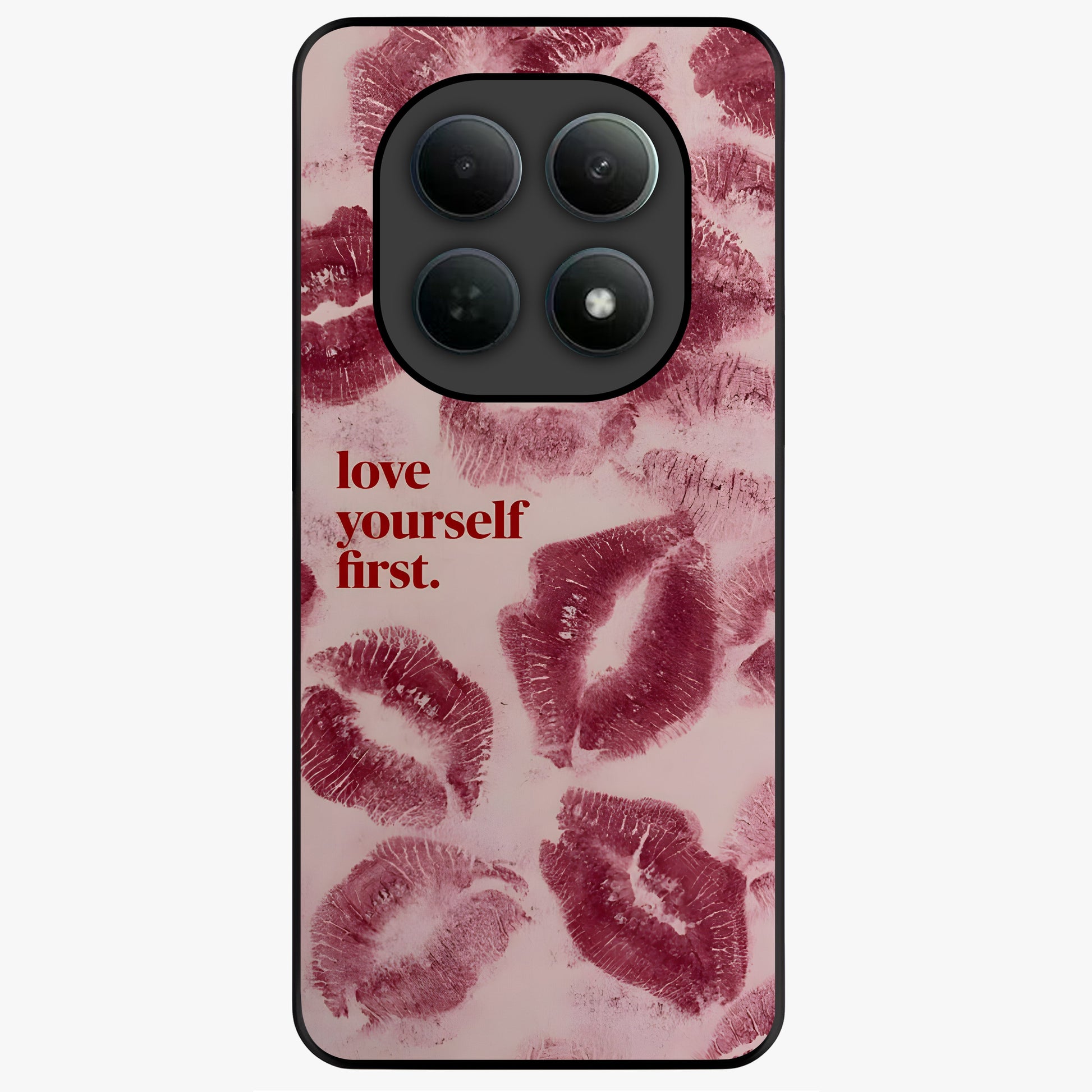 Crimson Kiss Love Glass Case showing flat back view with romantic crimson themed artwork and glossy glass finish.