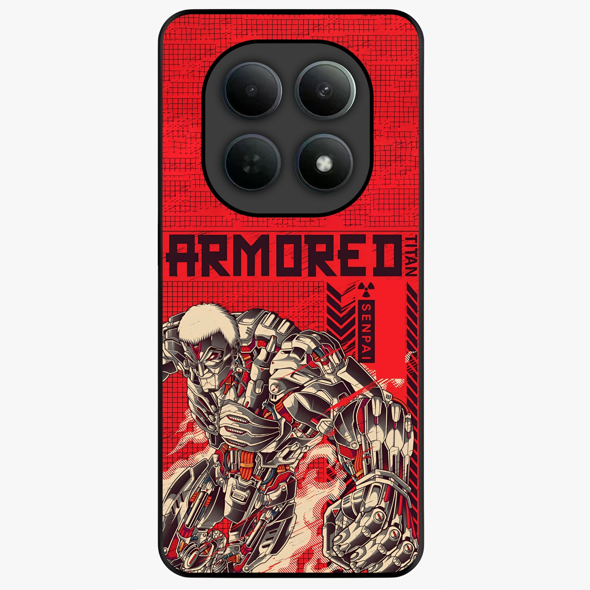 Crimson Mecha Titan Glass Case showing flat back view with powerful mech titan artwork and glossy glass finish.