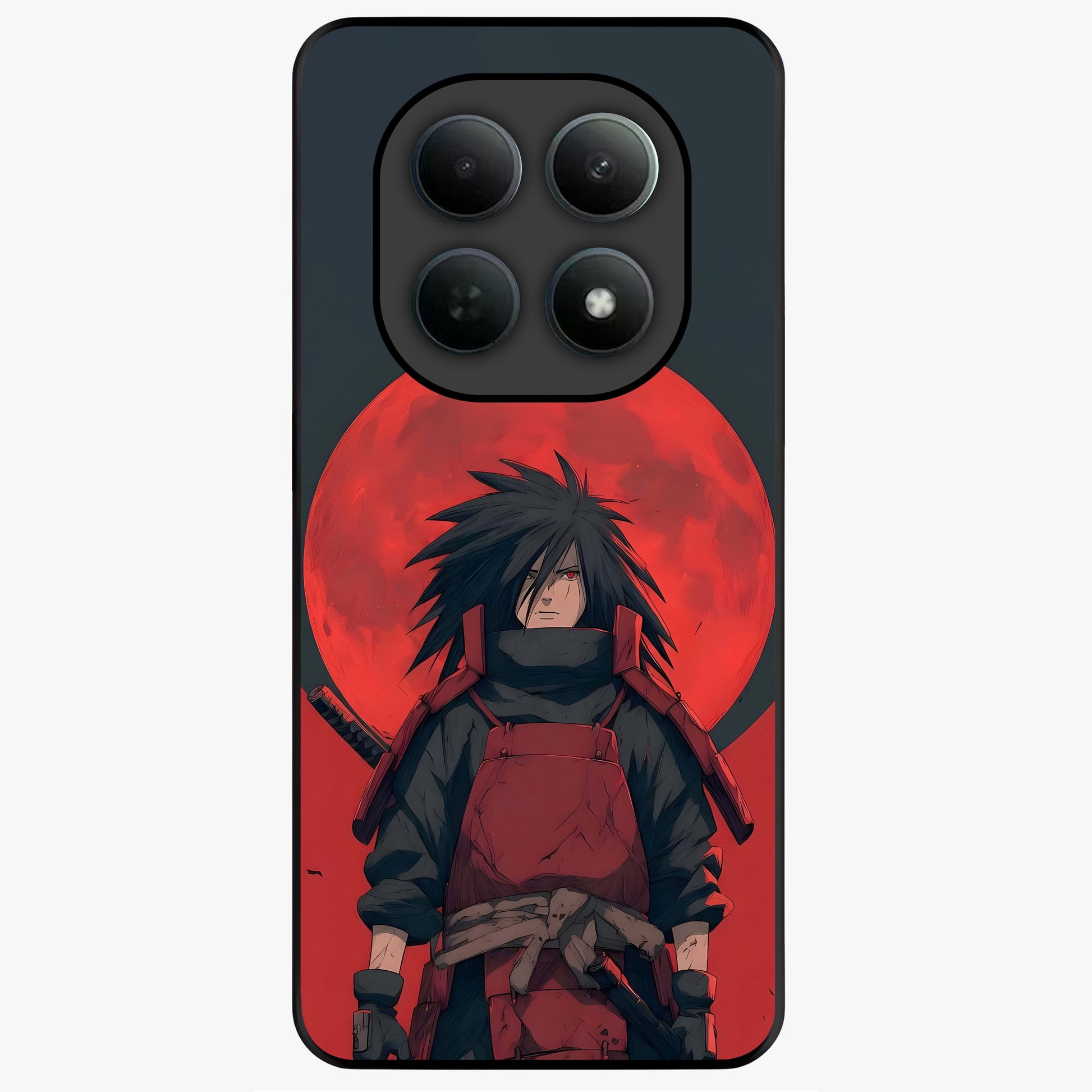 Crimson Moon Warlord Glass Case showing flat back view with mystical moon warrior artwork and glossy glass finish.