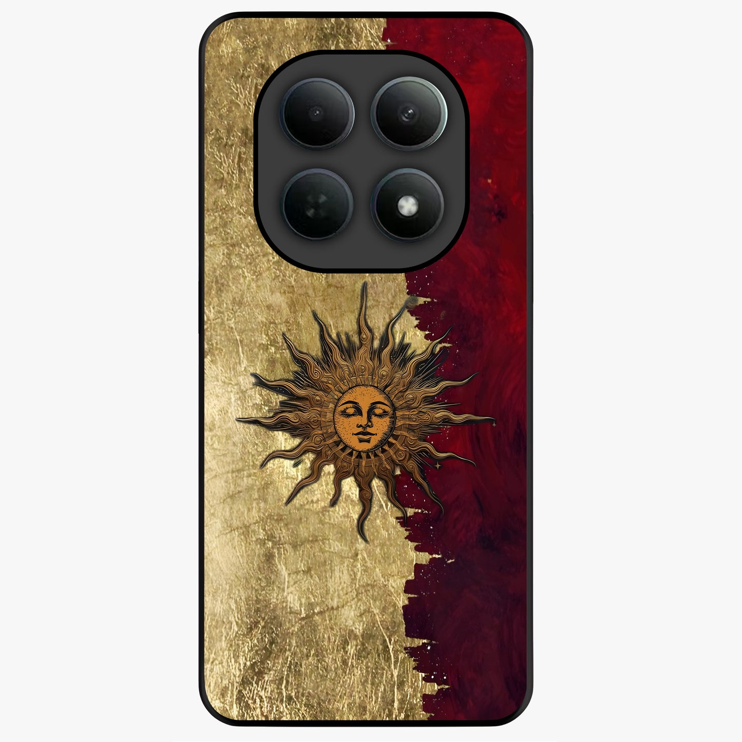 Crimson Sun Majesty Glass Case showing flat back view with radiant sun inspired artwork and glossy glass finish.