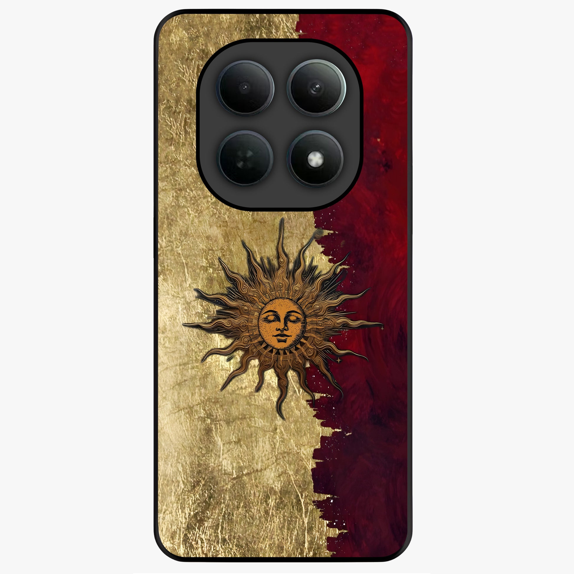 Crimson Sun Majesty Glass Case showing flat back view with radiant sun inspired artwork and glossy glass finish.