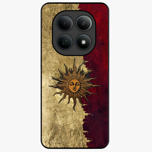 Crimson Sun Majesty Glass Case showing flat back view with radiant sun inspired artwork and glossy glass finish.