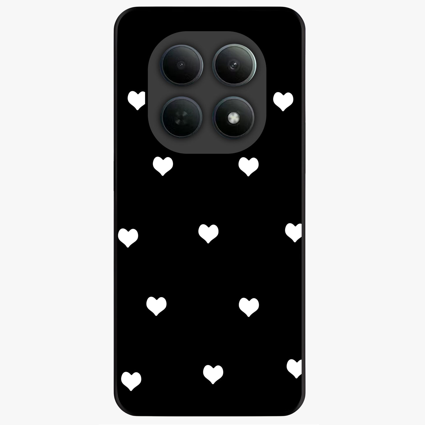 Cute And Simple White Hearts Glass Case showing flat back view with minimal white heart pattern and glossy glass finish.