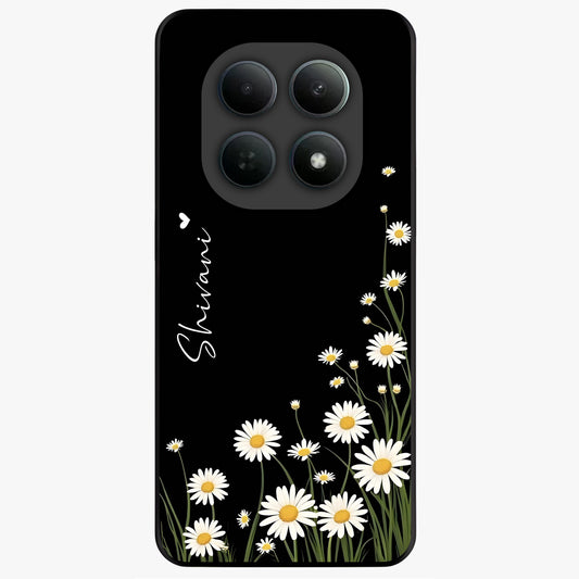 Daisy Cascade Custom Name Glass Case showing flat back view with cascading daisy flowers and personalized name design.