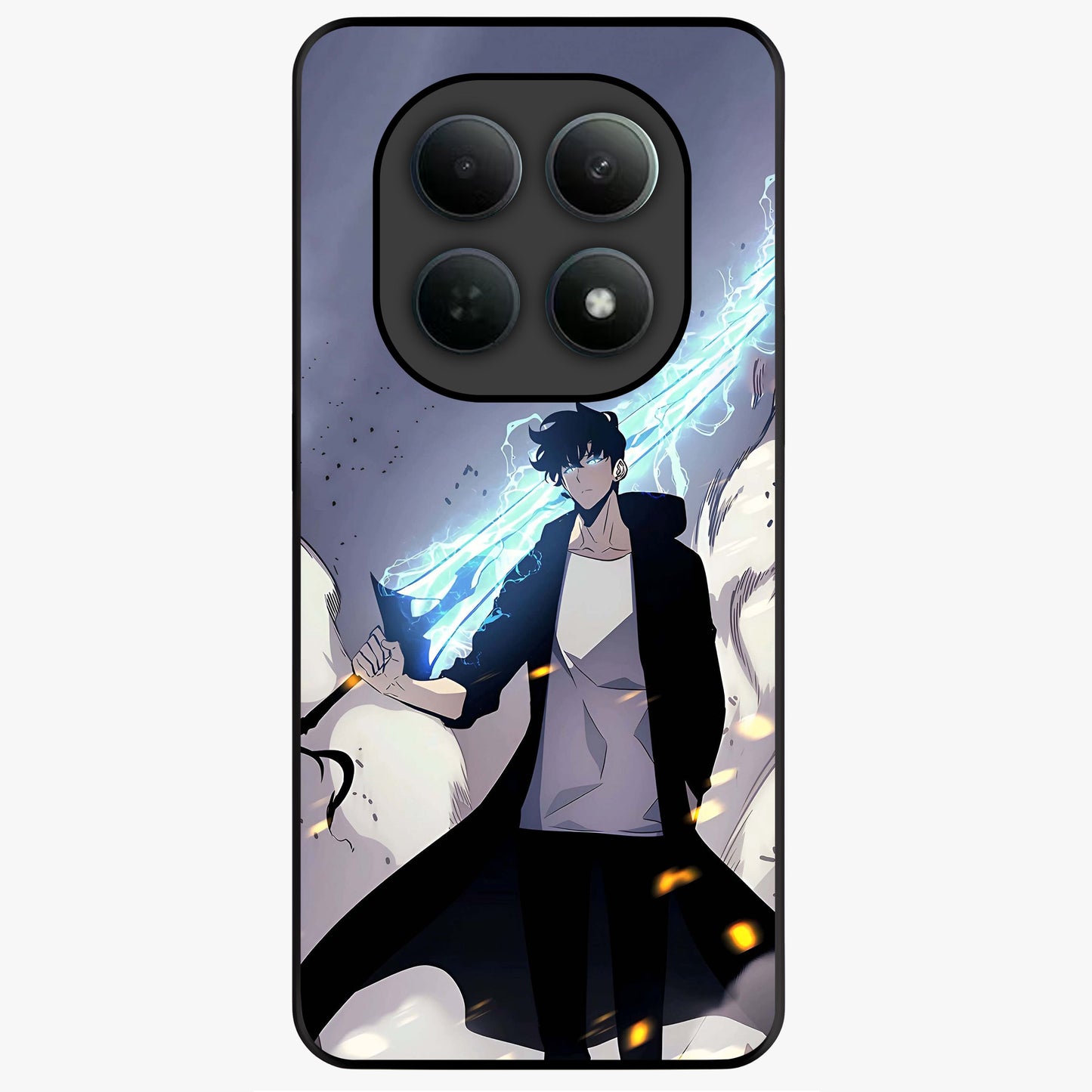 Dark Lightning Anime Warrior Glass Case showing flat back view with intense anime warrior artwork and glossy glass finish.