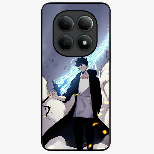 Dark Lightning Anime Warrior Glass Case showing flat back view with intense anime warrior artwork and glossy glass finish.