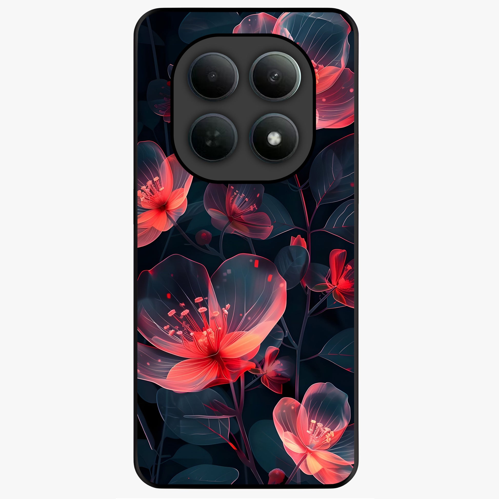 Dark Shade of Flower Glass Case showing flat back view with elegant dark floral artwork and glossy glass finish.