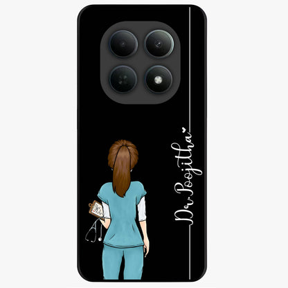 Doctor Pattern Custom Name Glass Case showing flat back view with medical themed pattern and personalized name design.