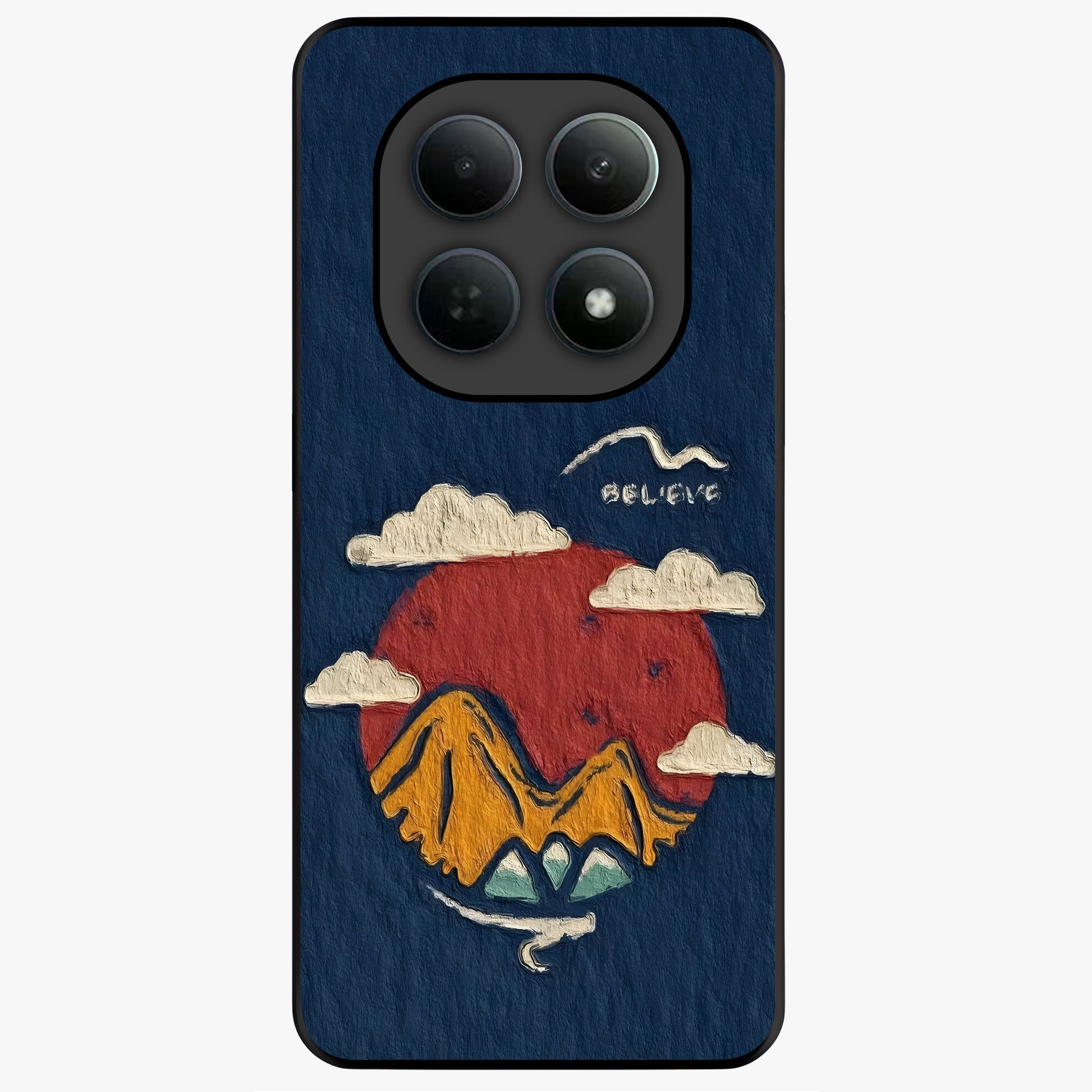 Dream Beyond Mountains Glass Case showing flat back view with scenic mountain landscape artwork and glossy glass finish.