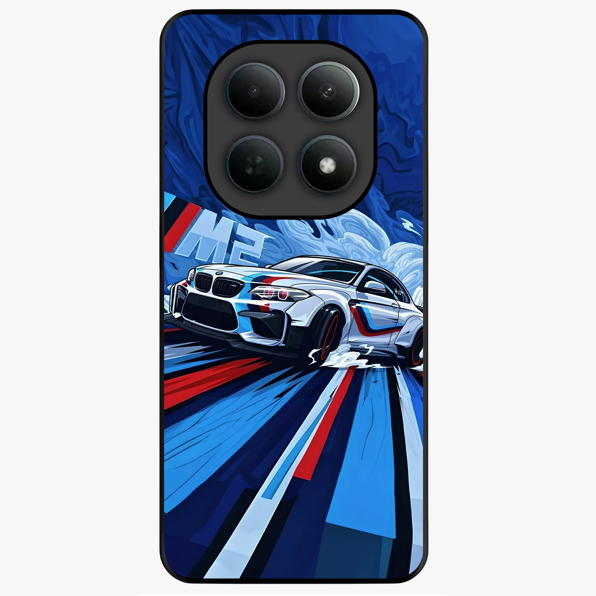 Drift Power Rush Glass Case showing flat back view with dynamic racing inspired artwork and glossy glass finish.