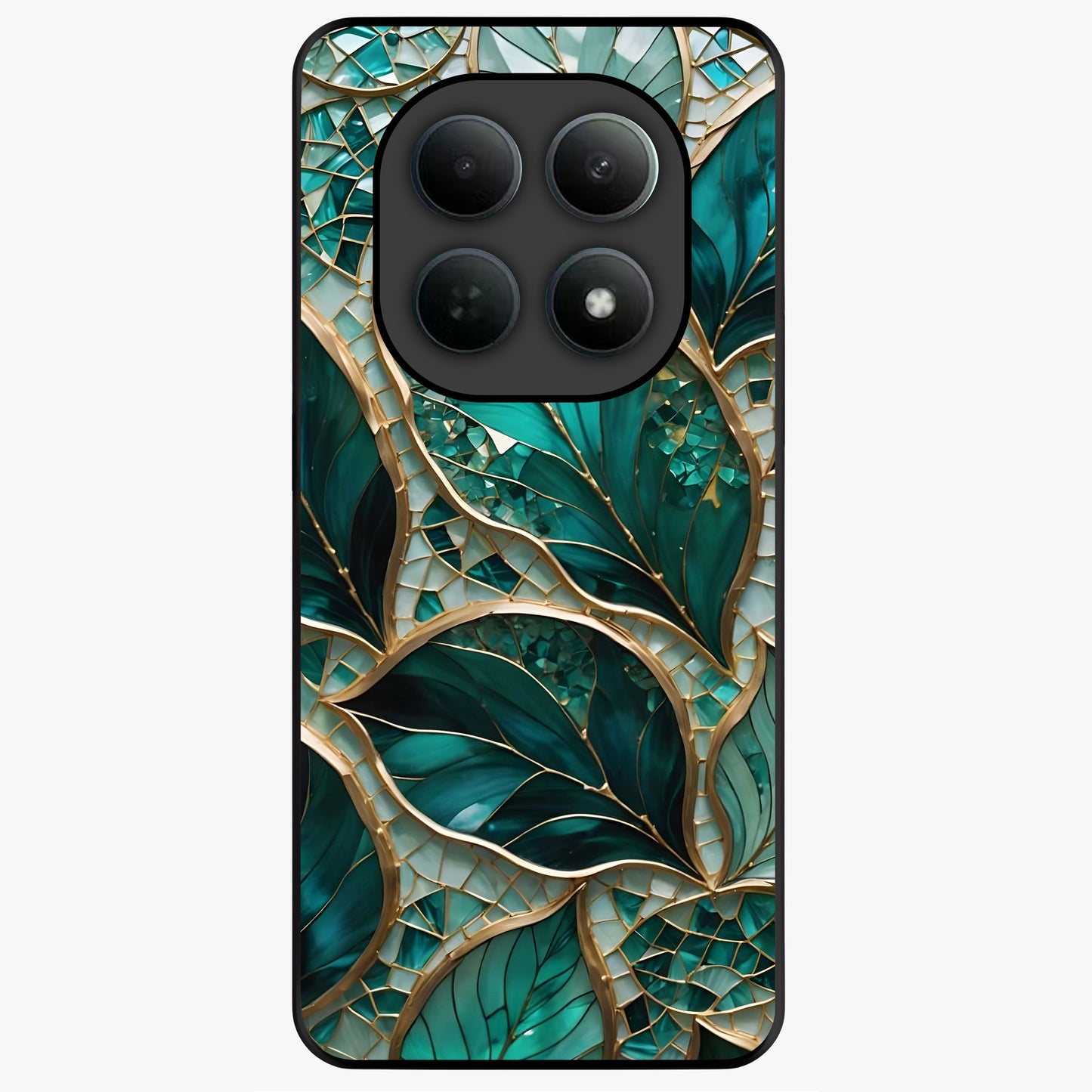 Emerald Leaf Glass Glass Case showing flat back view with emerald green leaf artwork and glossy glass finish.