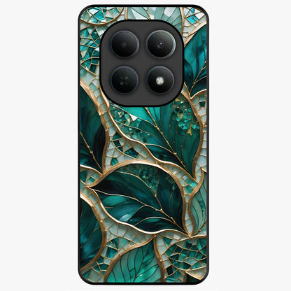 Emerald Leaf Glass Glass Case showing flat back view with emerald green leaf artwork and glossy glass finish.