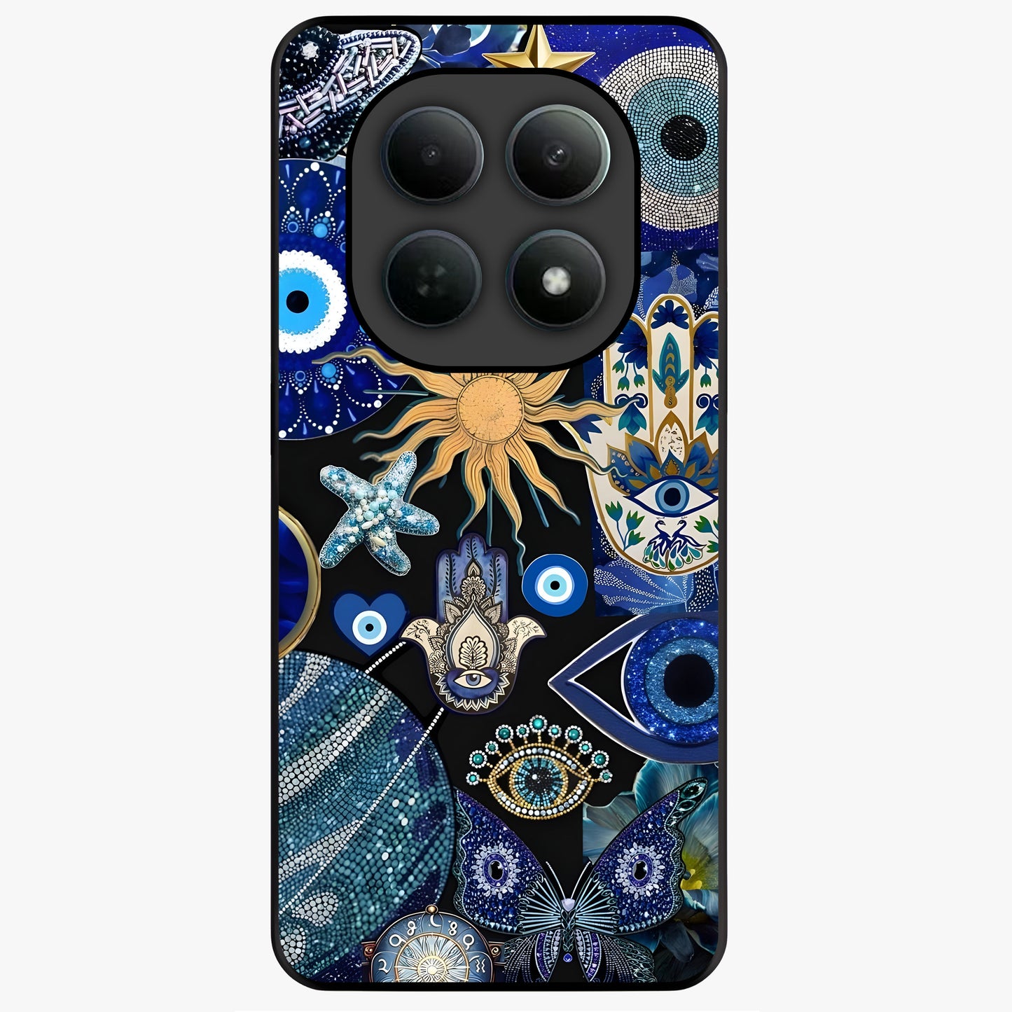 Evil Eye Charm Mix Glass Case showing flat back view with multiple evil eye charms artwork and glossy glass finish.