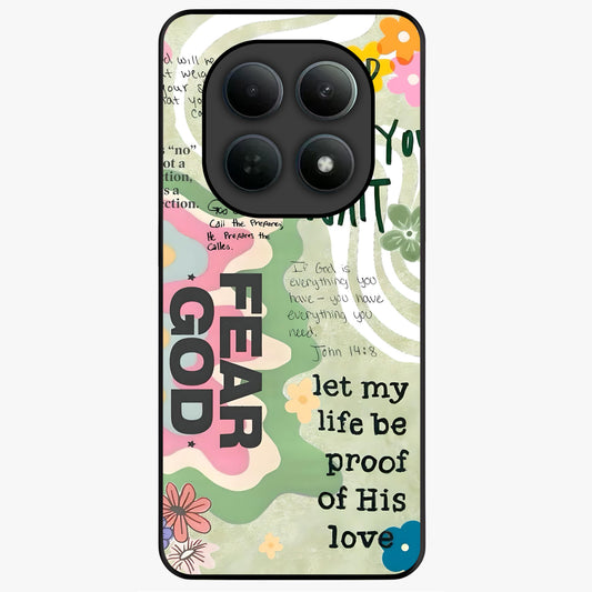 Faith Over Fear Glass Case showing flat back view with motivational typography artwork and glossy glass finish.