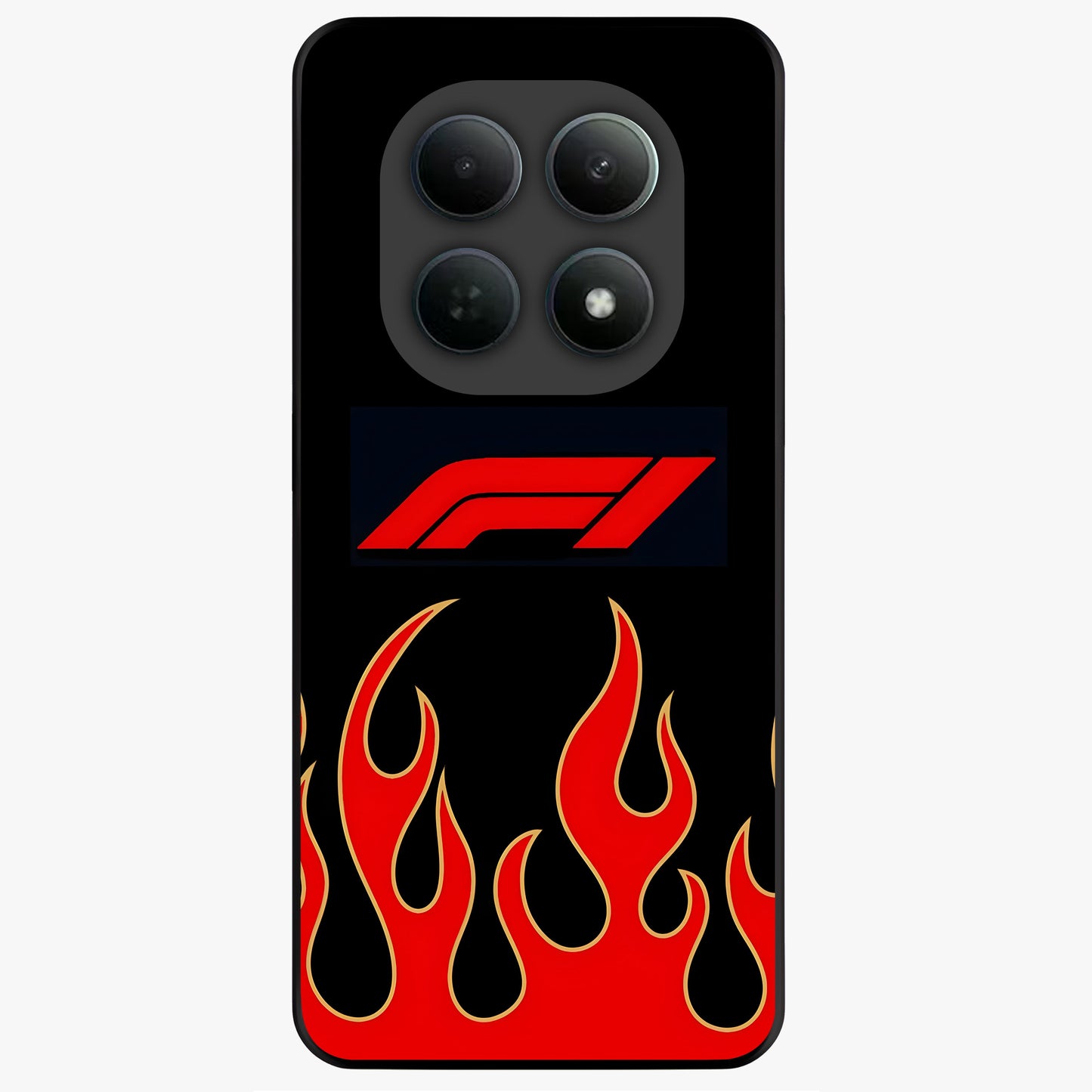 Fire F11 Glass Case showing flat back view with fiery themed artwork and glossy glass finish.