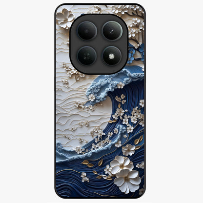 Floral Wave Origami Glass Case showing flat back view with origami inspired floral wave artwork and glossy glass finish.