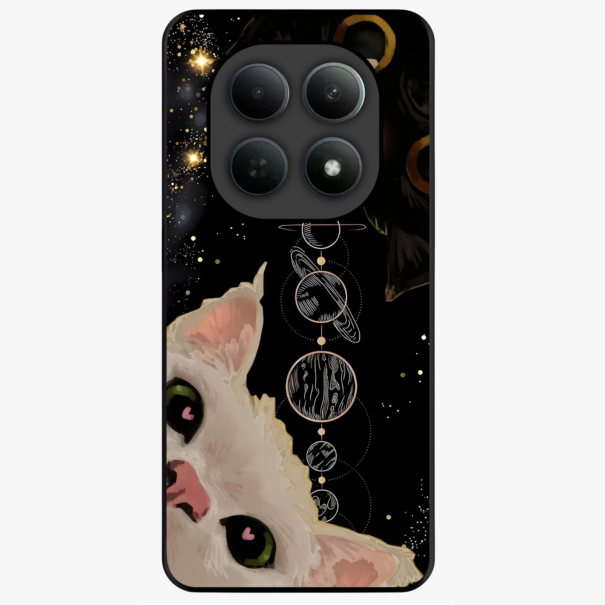 Galactic Cat Glass Case showing flat back view with cosmic cat artwork and glossy glass finish.