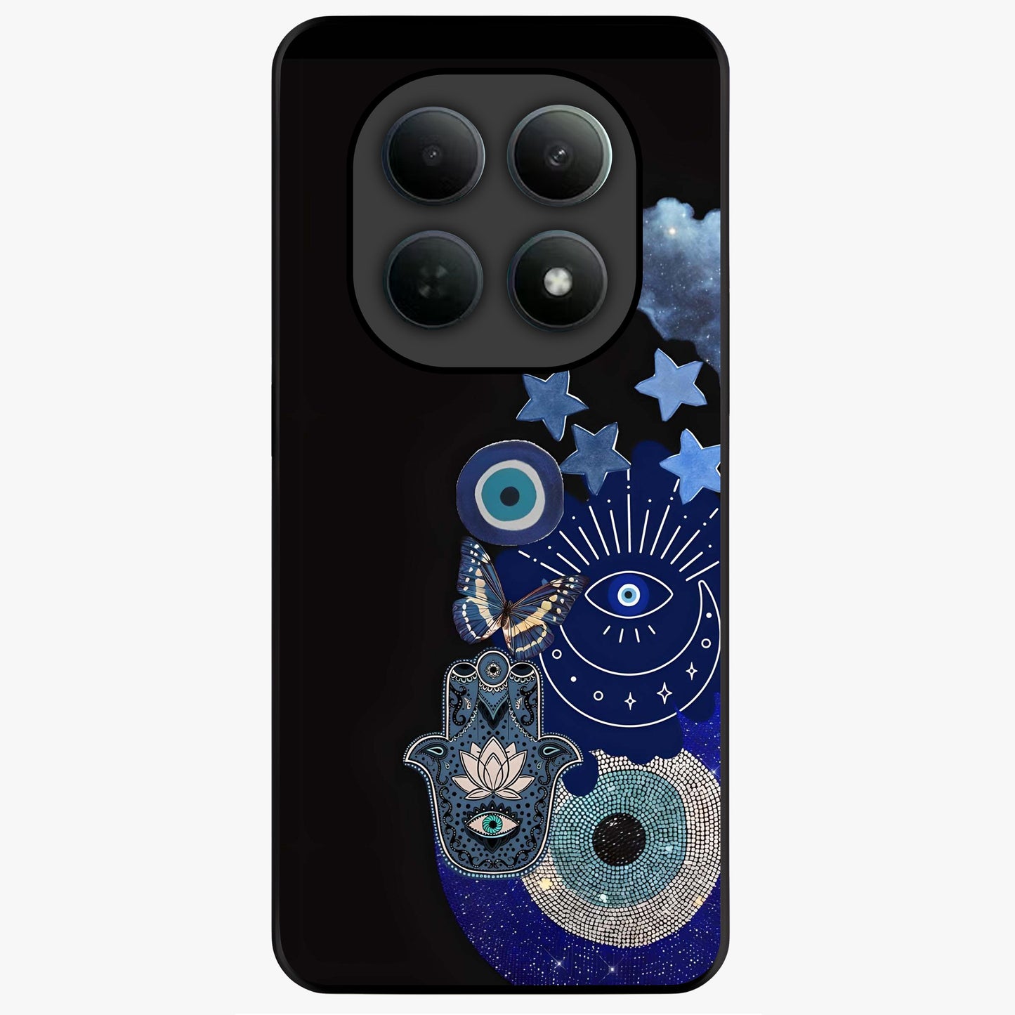 Galactic Charm Cluster Glass Case showing flat back view with glowing celestial charm artwork and glossy glass finish.