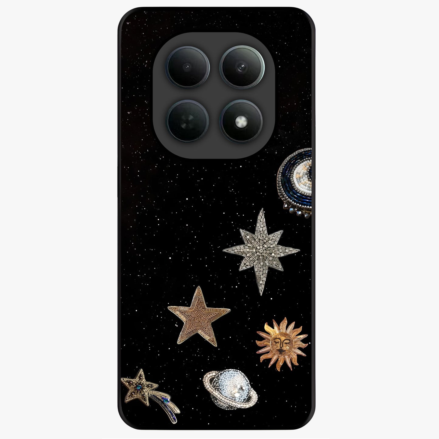 Galactic Charm Glow Glass Case showing flat back view with glowing celestial charm artwork and glossy glass finish.