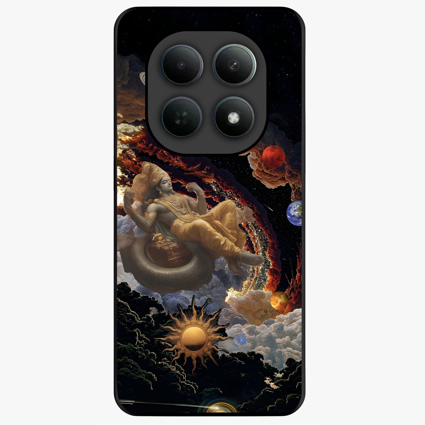 Galactic Divine God Glass Case showing flat back view with divine cosmic themed artwork and glossy glass finish.