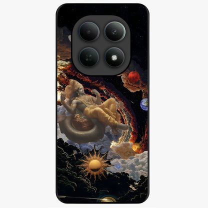 Galactic Divine God Glass Case showing flat back view with divine cosmic themed artwork and glossy glass finish.