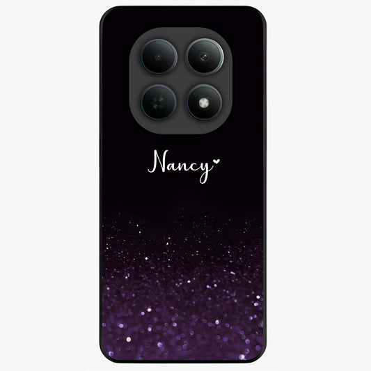 Glittery Purple Bokeh Custom Name Glass Case showing flat back view with purple bokeh sparkle artwork and personalized name design.