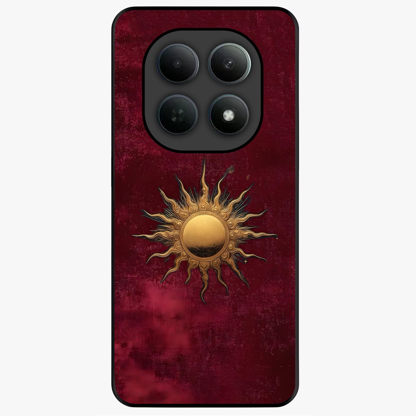 Gold Sun Blush Glass Case showing flat back view with golden sun inspired artwork and glossy glass finish.